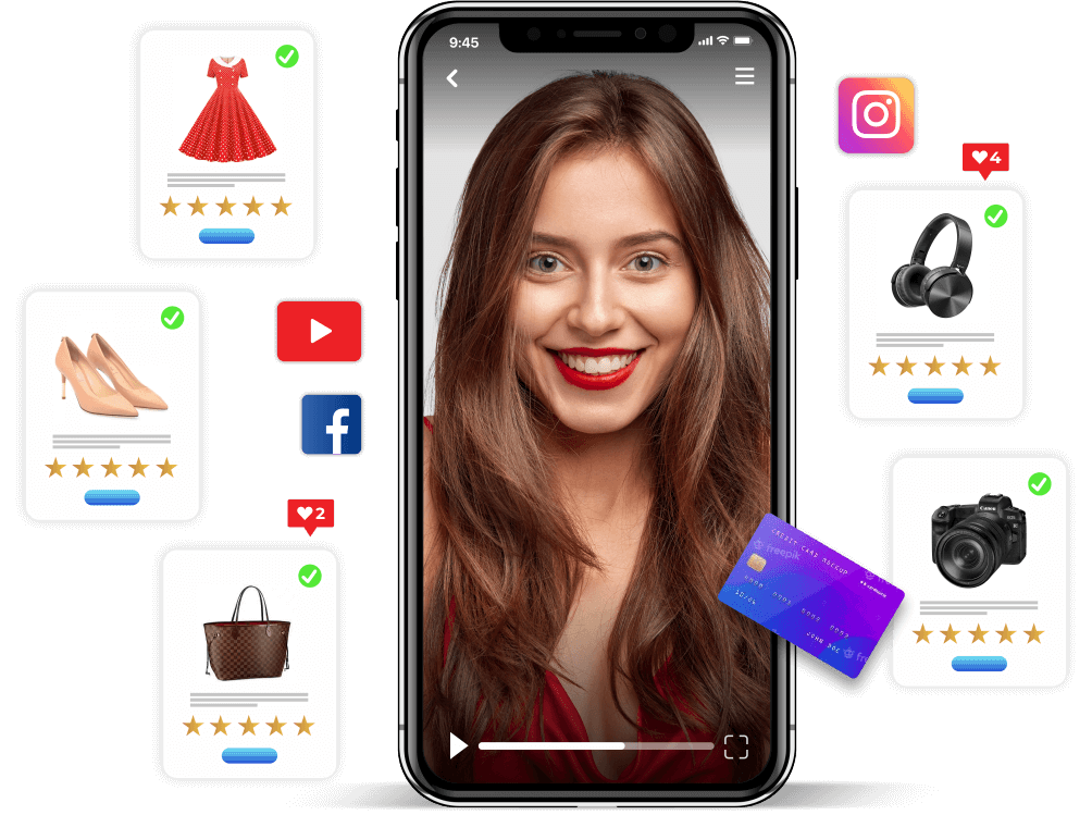 Smartphone displaying influencer content with various product icons around it